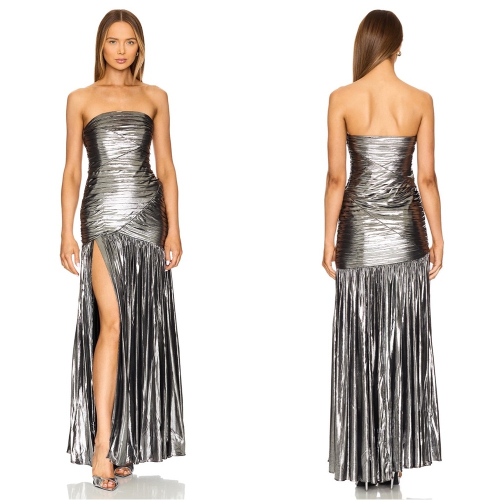 RETROFETE Josie Strapless Ruched Draped Metallic Gunmetal Maxi Dress Size M